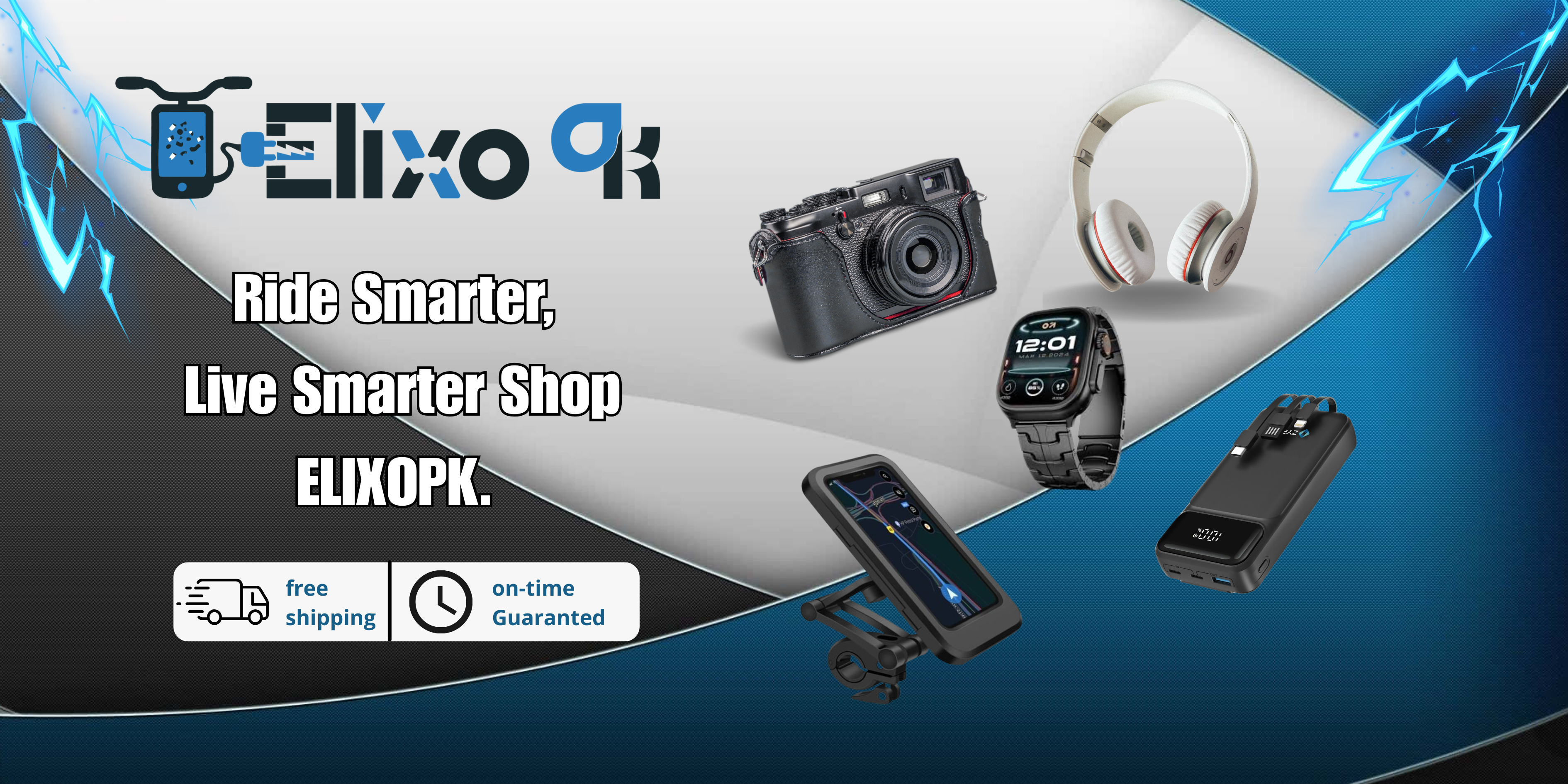 Elixo PK advertisement with electronic products on a blue and white background